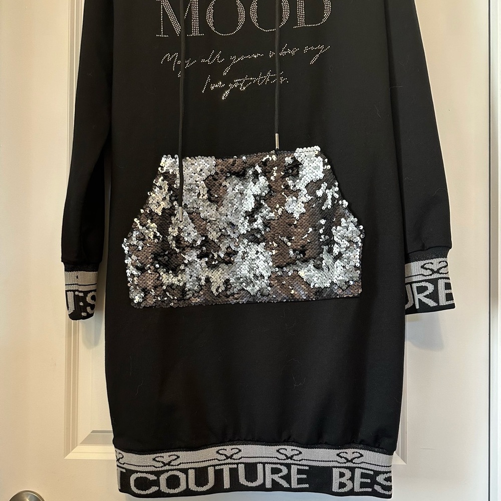 Cozy Couture SIGNET Dress Knit w/ Bling Hood Silver Sequins Bronze Sz XL